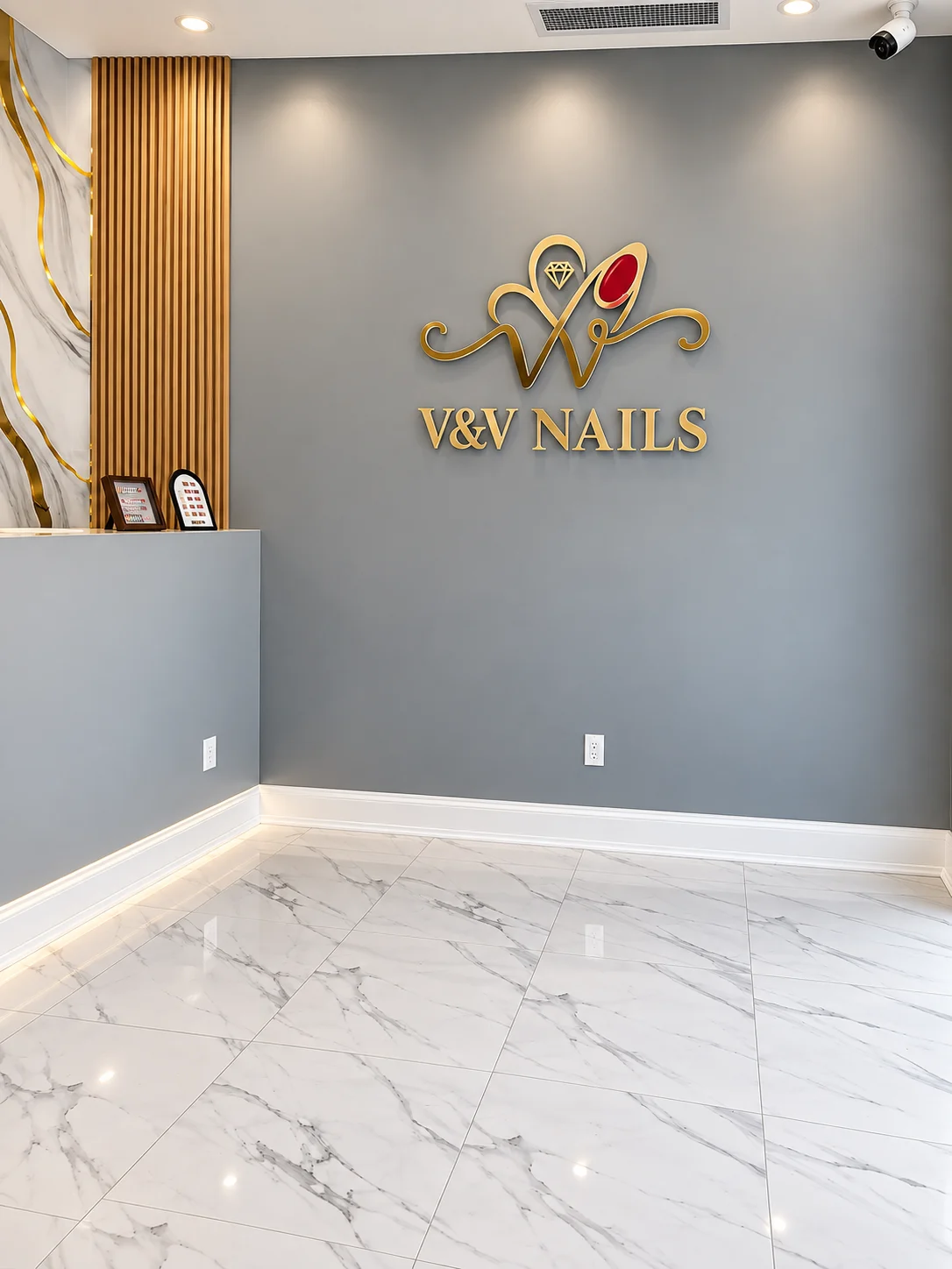 V & V Nails logo inside the studio