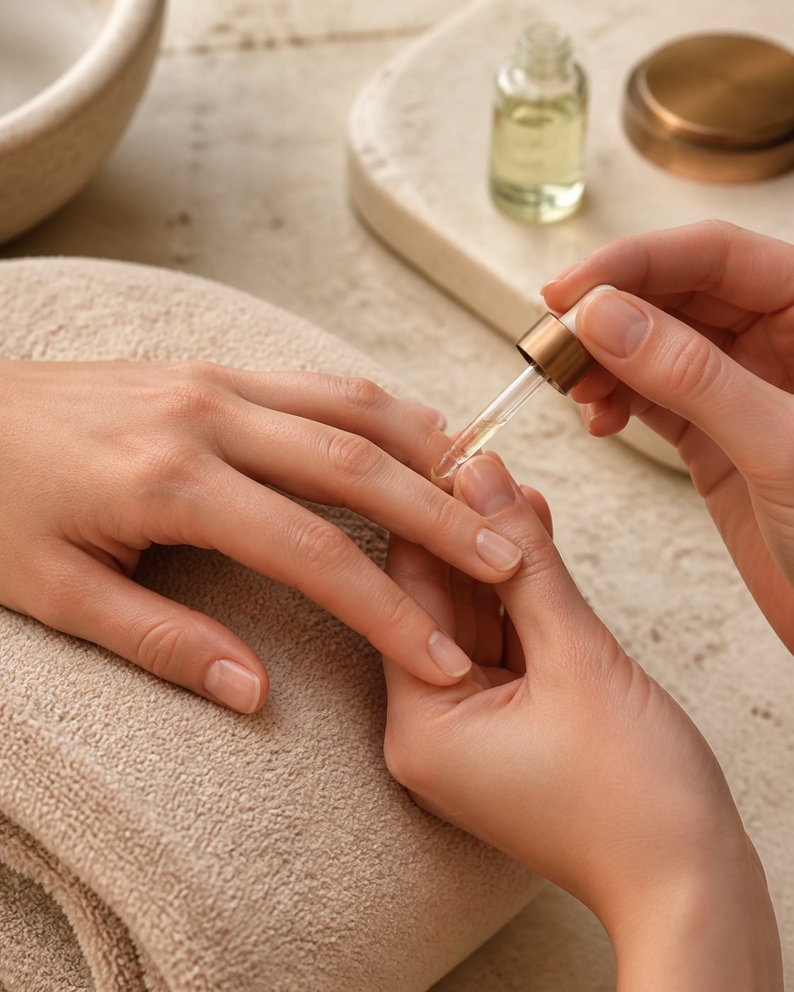 Cuticle oil being applied during natural nail care