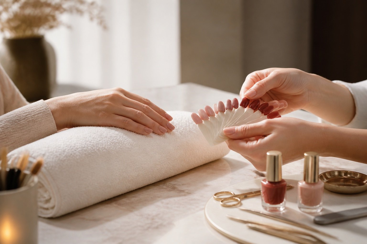 Choosing warm nude and burgundy nail colours at V & V Nails