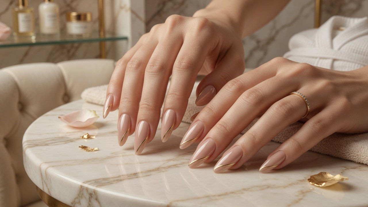 Nude manicure with fine gold nail art