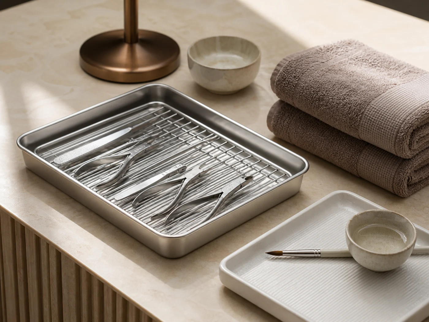 Sterilized manicure tools arranged on a clean preparation tray