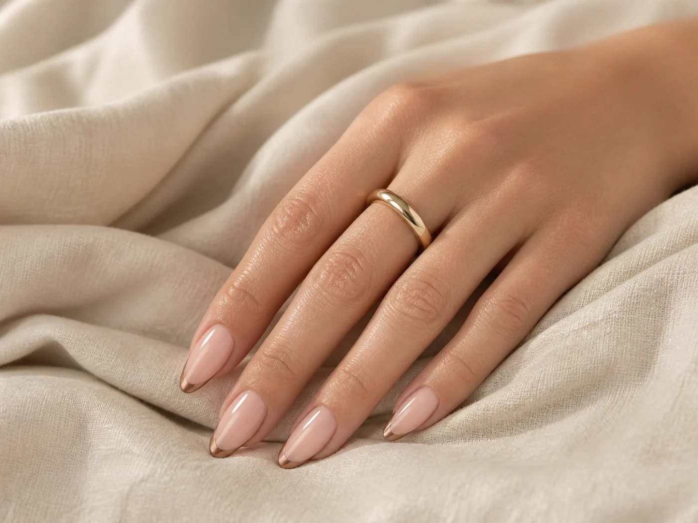 Elegant nude almond manicure with bronze micro-French tips